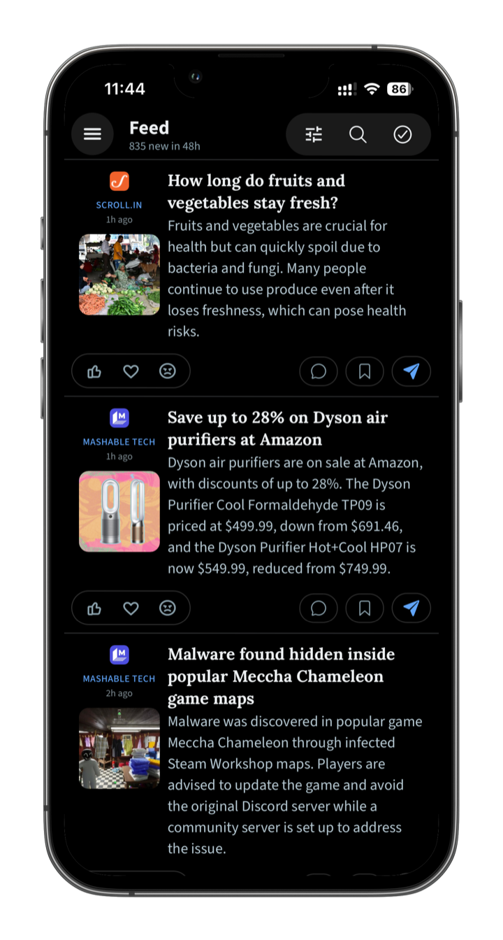 Hushread card feed with AI summaries